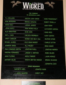 The cast listing for Wicked on Broadway.  The understudies are usually listed at the bottom.