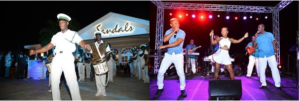 Left: Performances by the Royal Bahamas Defence Force Band, Visage, Valley Boys Junkanoo, fire dancers and other entertainers; Right: the popular Bahamian band Visage performed during the celebration